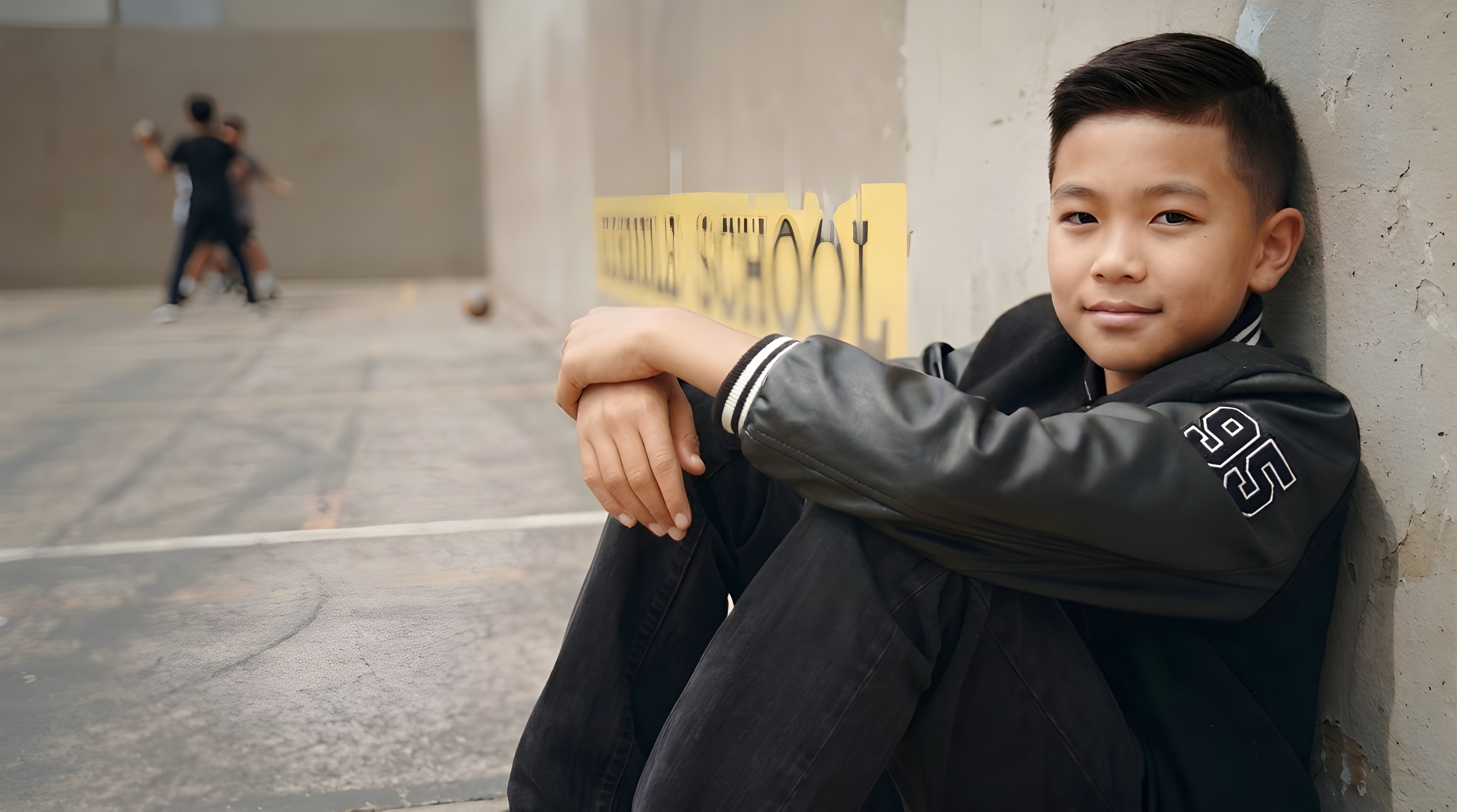 Young student sitting against school wall looking at camera with kids playing in background