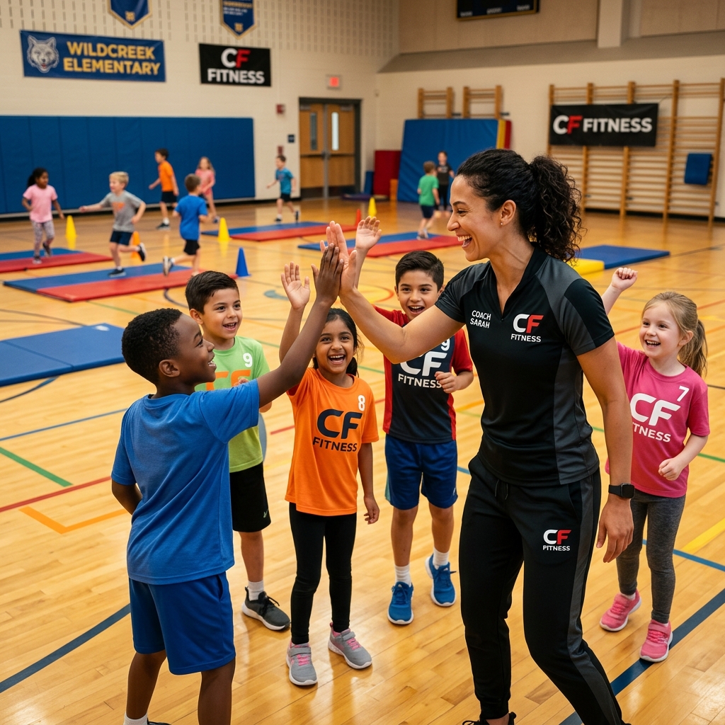 CF Fitness coach high-fiving diverse elementary students during an indoor gym session